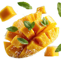 Fresh mango slices and chunks with mango leaves isolated on transparent background