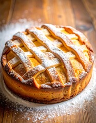 Close-up of a sweet baked dessert with lattice crust on wooden table
