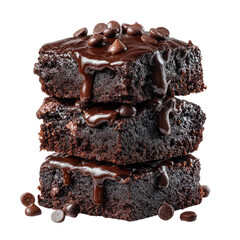 Front view of chocolate brownie tower with glossy chocolate isolated on transparent background