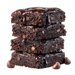 Front view of chocolate brownie tower with glossy chocolate isolated on transparent background