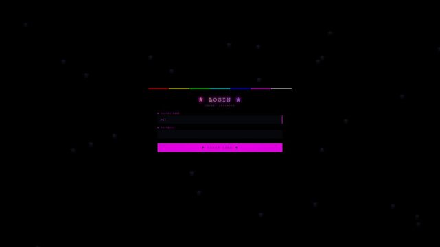 A login window appears with colorful effects on a dark background. Visual elements suggest hacking or hijacking activity. The animation creates a digital atmosphere.