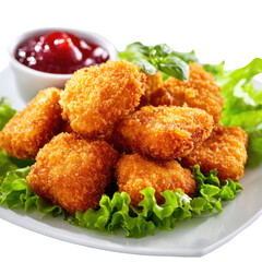 Golden crispy chicken nuggets arranged on plate isolated on transparent background