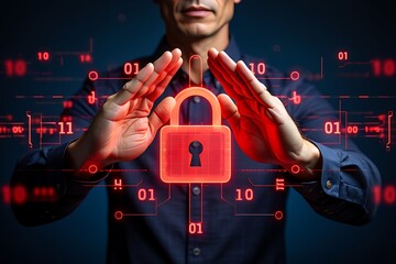 Man protecting digital lock with hands symbolizing cybersecurity and data safety