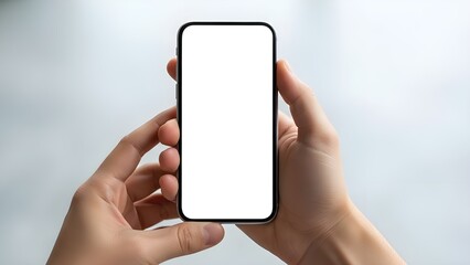 Hands Holding Vertical Black Smartphone Mockup with Blank White Screen