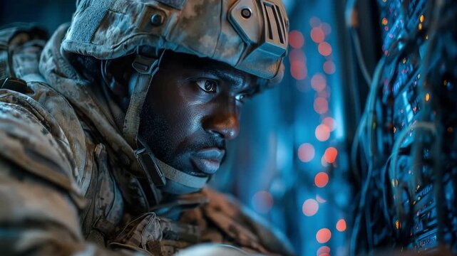 An AI application on a laptop is used by an Army soldier in a server farm to examine reconnaissance data.