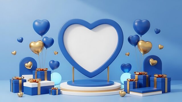 Blue heart shaped stage with balloons and gifts