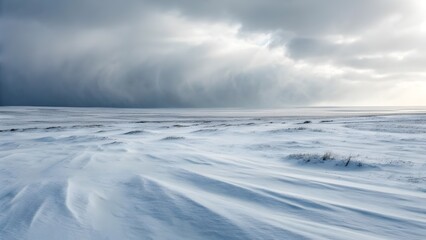 Wind-Blown Snow Swirling Across Open Arctic Tundra Plains, Capturing The Raw Beauty And Harshness Of The Frozen Wilderness In A Majestic Display Of Nature's Power And Solitude