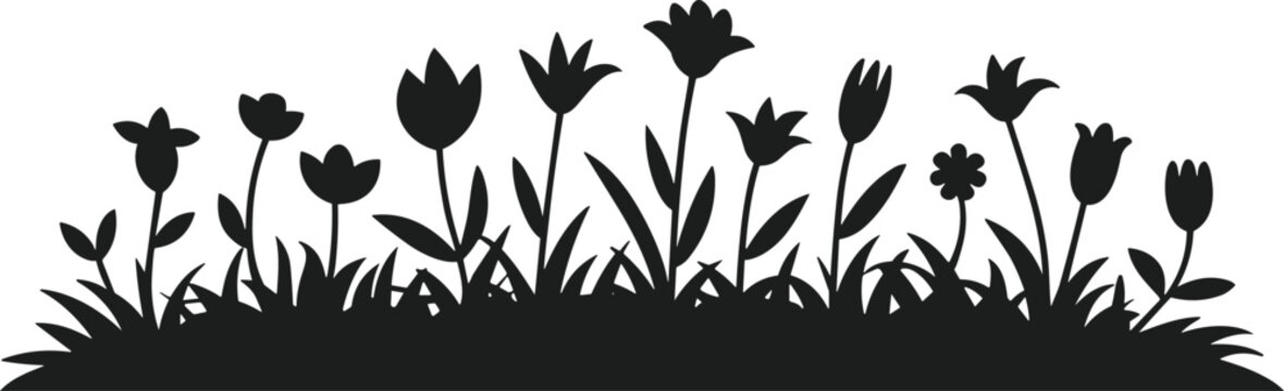 Black silhouette flower bed with various tulips and grasses vector