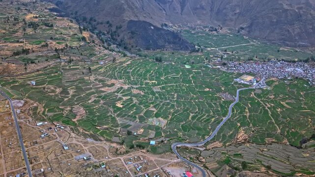 Drone flies on reverse right angle to reveal striking geometric patterns of terraced farmland along the canyon edge in Cabanaconde Peru showcasing ancient agriculture scale and dramatic Andean terrain