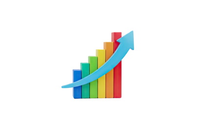 3D Growth bar chart with blue upward arrow on transparent background
