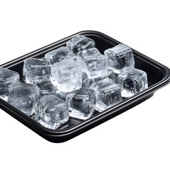 Fresh Ice Cubes in Stylish Black Tray on Clean White Background
