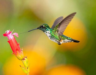 Tiny bird with brilliant green feathers drinks from a red flower