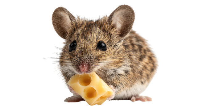 Mouse stealing cheese creating playful animal scene with cute rodent behavior isolated on clean white background
