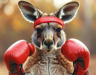 Close-up of an Australian marsupial with boxing gloves and headband