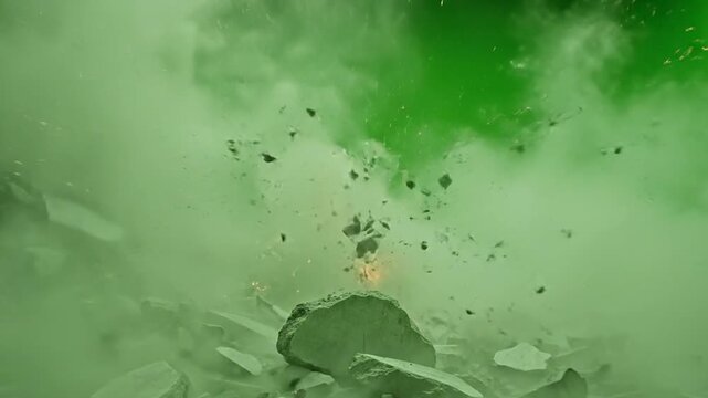 Explosion falling stone debris dust green screen element effect.