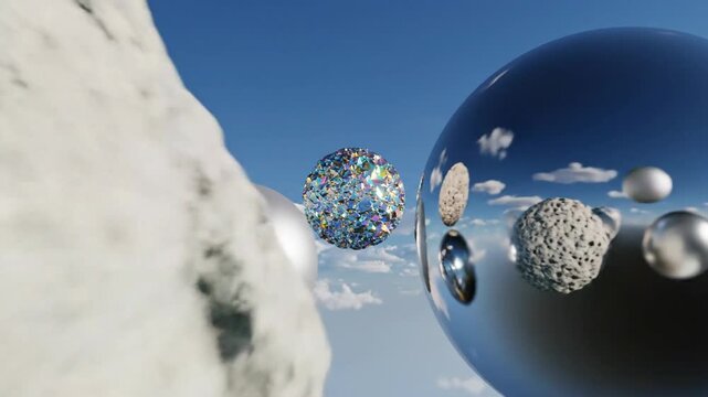 Spheres and textured objects float in a sky
