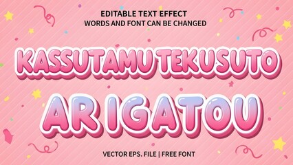 Editable text effect with kassutamu tekusuto arigatou words on pink background with confetti