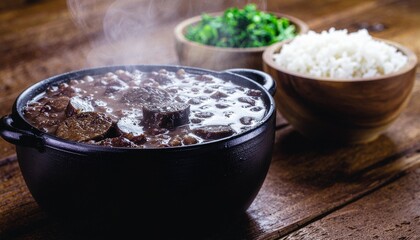 Delicious Brazilian Feijoada, a traditional hearty stew with rice and greens