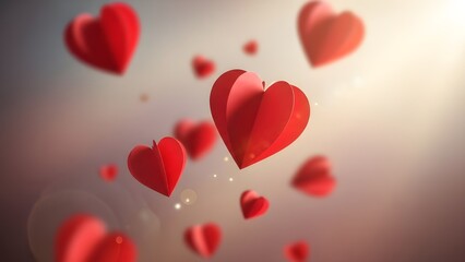 Floating Red Paper Hearts with Soft Bokeh and Warm Light Background