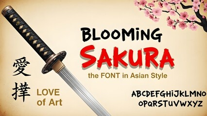 Blooming sakura font in asian style with cherry blossoms and katana sword on beige background