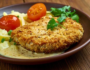 Close-up of breaded cutlet with potato salad and tomatoes