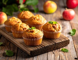 Close-up of baked apple muffins on a wooden cutting board, apples nearby