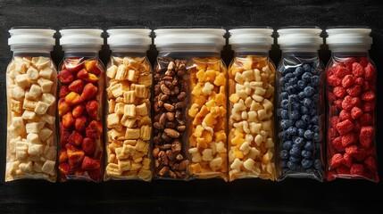 Variety of Colorful Dried Fruits and Nuts in Clear Plastic Bags