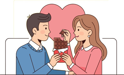 man and woman sharing chocolate bar with heart in background
