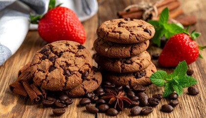 Close-up of chocolate chip cookies with fruit, spices, and coffee beans