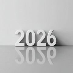 White 2026 digits standing with reflection on a glossy surface