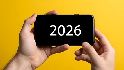 2026 year displayed on a black smartphone screen held by two hands against a yellow background