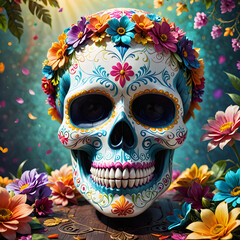 Colorful sugar skull illustration with floral decorations