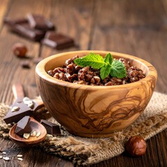 Close-up of chocolate porridge in a wooden bowl with mint