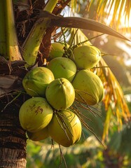 Close-up of coconuts hanging on a palm tree, sunlit and green
