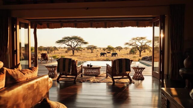 African lodge view elephants grazing through open doors