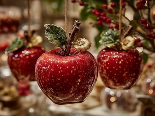 Luxury Christmas Apple Ornaments with Glittering Texture and Green Leaves Creative Holiday Food Art Concept for Gourmet Festive Table Setting and Winter Celebration Decoration