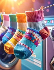 Close-up of colorful socks hanging on a clothesline in bright sunlight