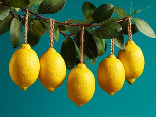 Creative Lemon Fruit Ornaments Hanging on Green Branch with Rope Creative Food Art Concept for Summer Garden Party and Fresh Organic Lifestyle Decoration