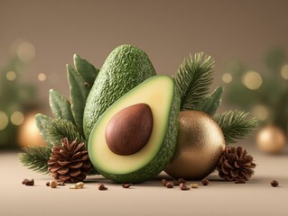 Gourmet Avocado and Golden Christmas Bauble Still Life with Pine Branches and Cones Creative Healthy Holiday Food Art Concept for Festive Winter Season Celebration