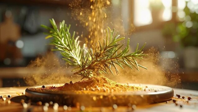 Aromatic powdered spices fall onto fresh rosemary and a blend of seasonings, creating a vibrant culinary scene in a warm, rustic kitchen with beautiful bokeh.