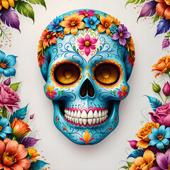 Colorful decorative sugar skull with floral wreath