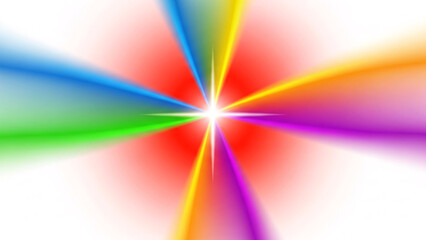 Brilliant central light source emitting vibrant colorful beams in a radial cross pattern on a bright background