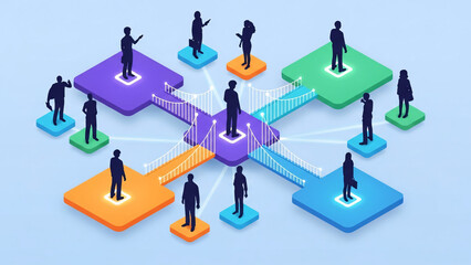 Diverse individuals standing on connected isometric platforms forming a complex business network structure