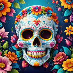 Decorative sugar skull artwork surrounded by flowers