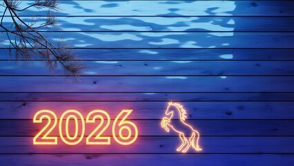 Neon 2026 Year of the Horse glowing on a rustic wooden wall with moonlight reflection