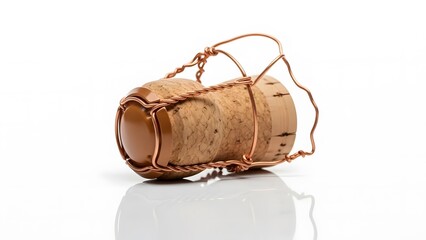 A close-up shot of a champagne cork stopper secured with a wire cage, isolated on a white background