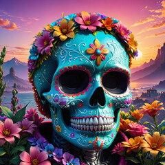 Artistic sugar skull with floral crown and glowing background
