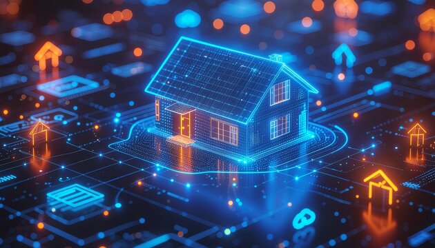 Futuristic smart home visualization with vibrant blue and orange tech icons emphasizing intelligent connectivity and energy-efficient living - Powered by Adobe