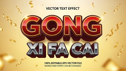 Gong xi fa cai vector text effect with gold confetti on orange background for chinese new year