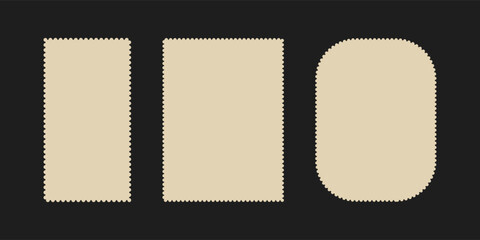Postage stamp frames set. Empty border template for postcards and letters. Blank rectangle and square vintage postage stamps with perforated edge. Vector illustration isolated on black background.